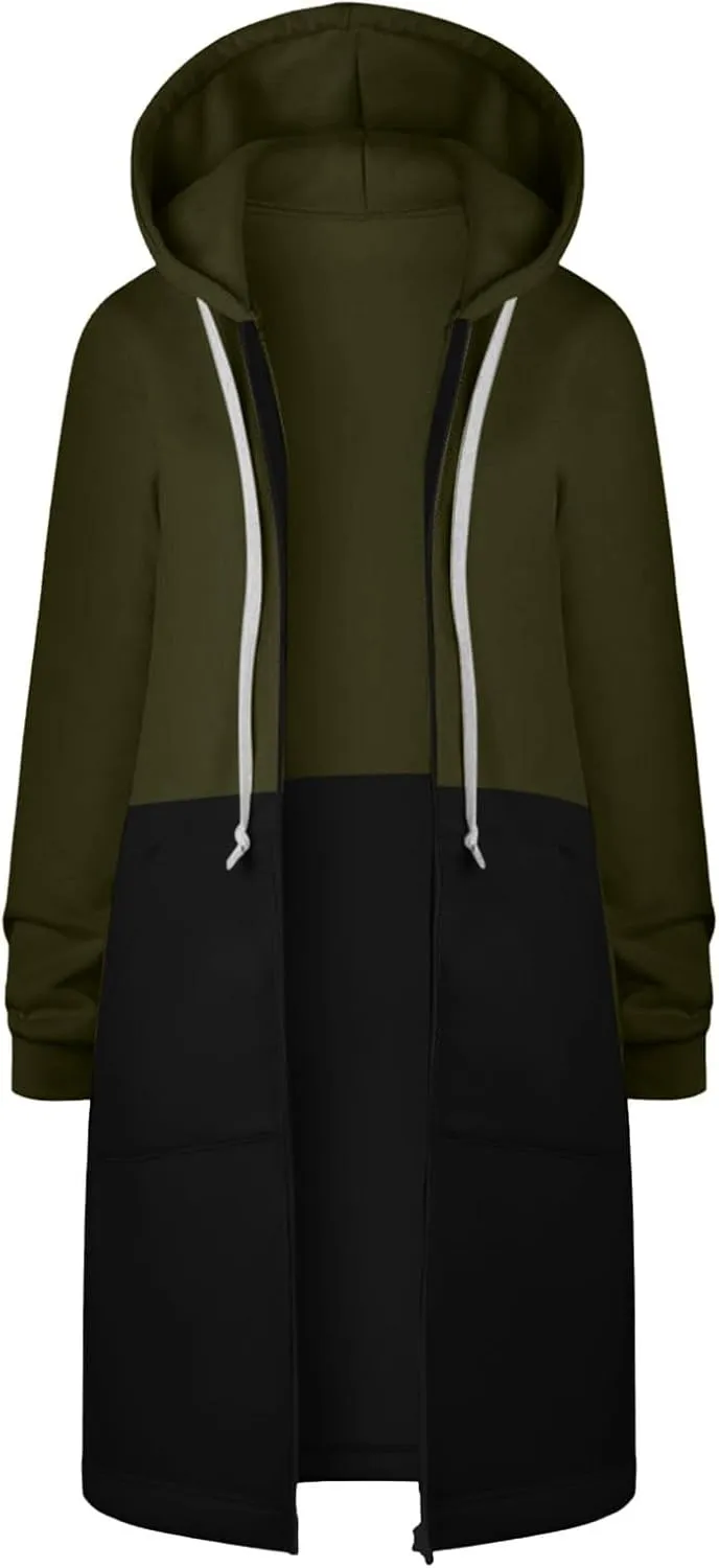 Jackets for Women Zip up Hoodies Y2K Knee Length Hooded Fleece Oversized Sweatshirts with Pockets Fall Outfits 2024