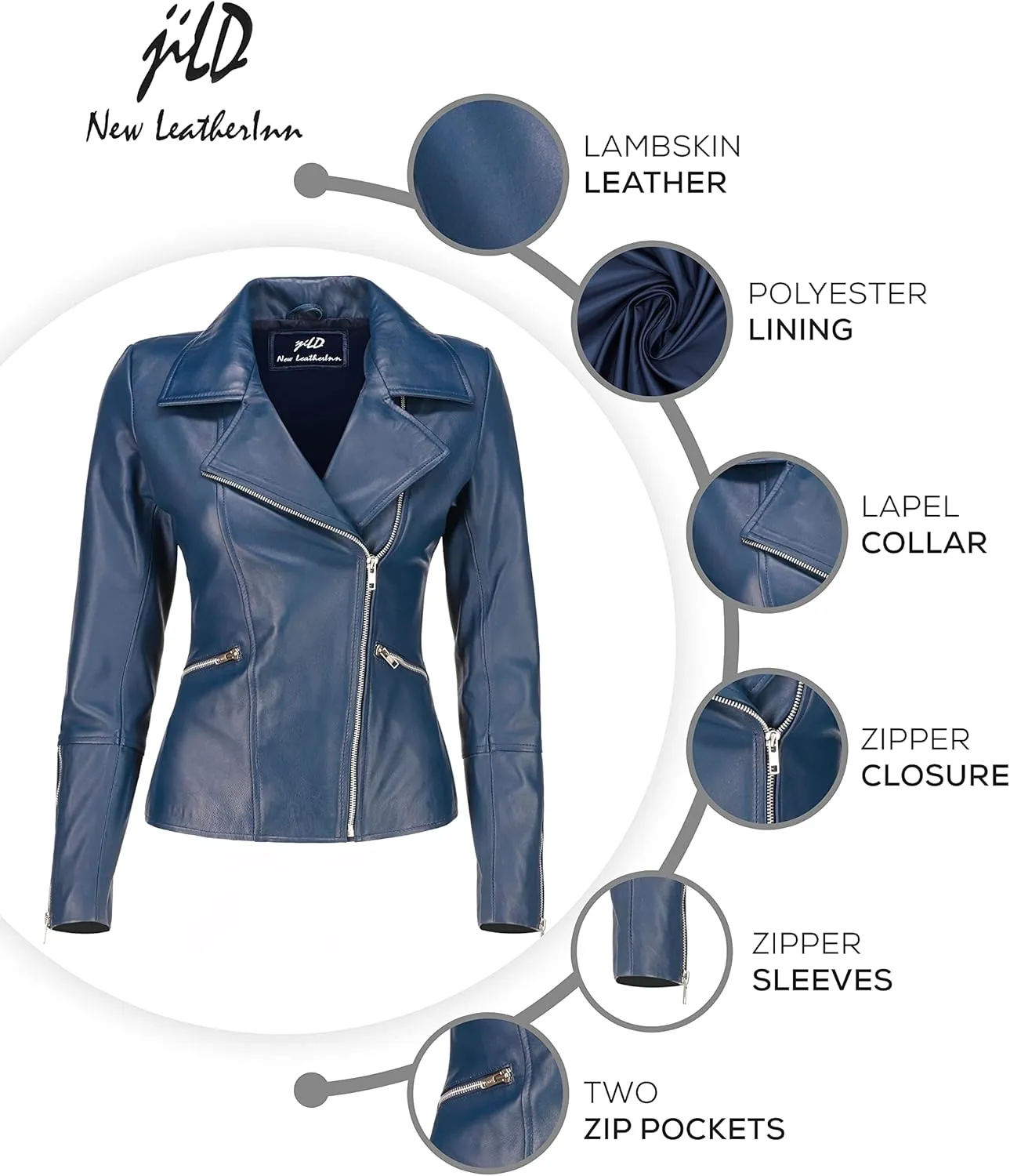 Jild Women's Asymmetrical Zip-Up Real Lambskin Leather Motorcycle Jacket - Casual Fashion Moto Biker Leather Jacket Women