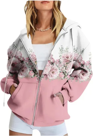 JJHAEVDY Zip Up Hoodie Women Solid Drawstring Sweatshirts Fall Outwear Jacket Hooded Coat Sports Activewear Pocket