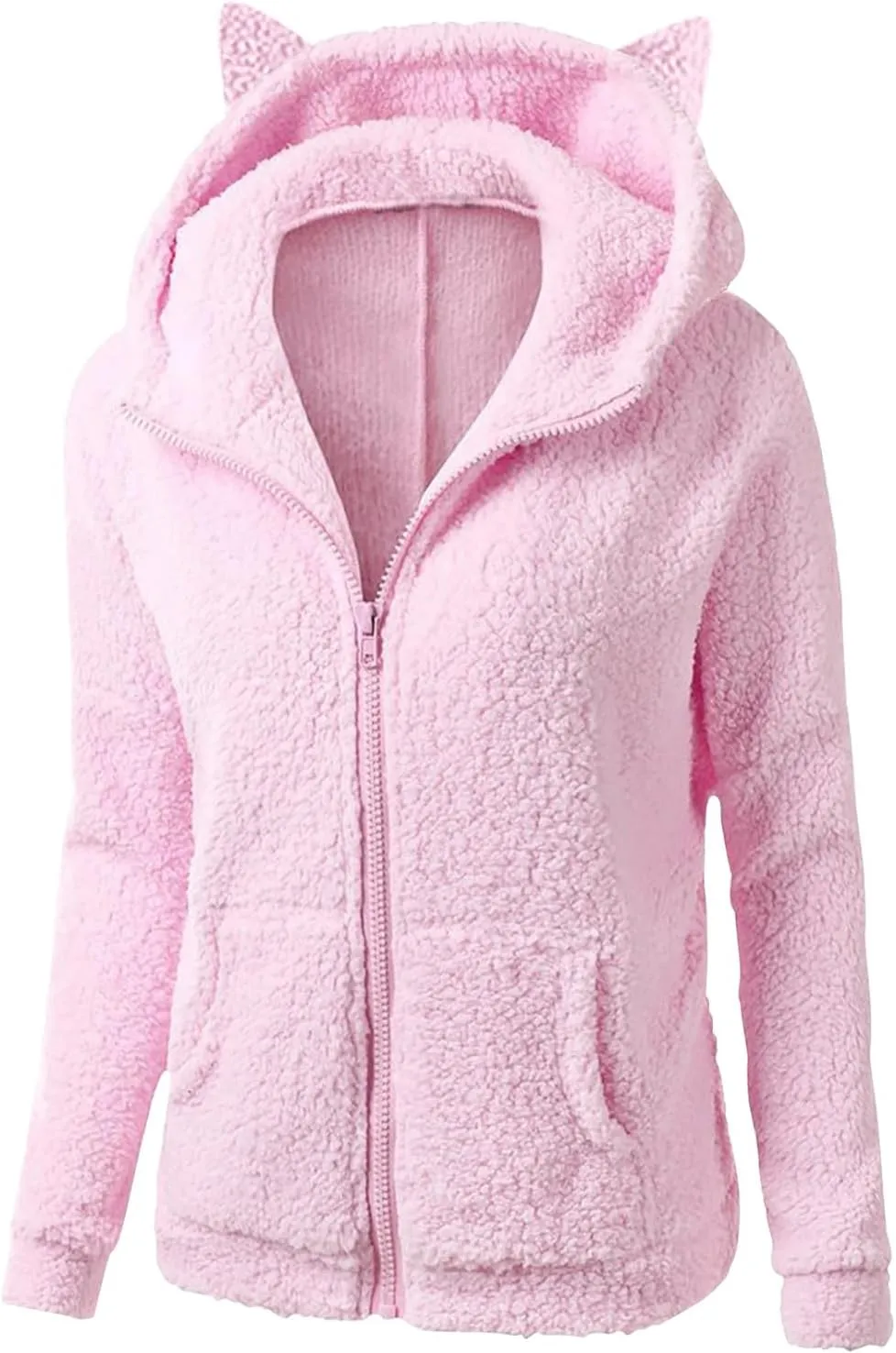 jsaierl Women Fluffy Bear Ears Cute Hooded Jacket Zip Up Hoodie Winter Double Fuzzy Warm Sweatshirt Comfy Outwear Coat