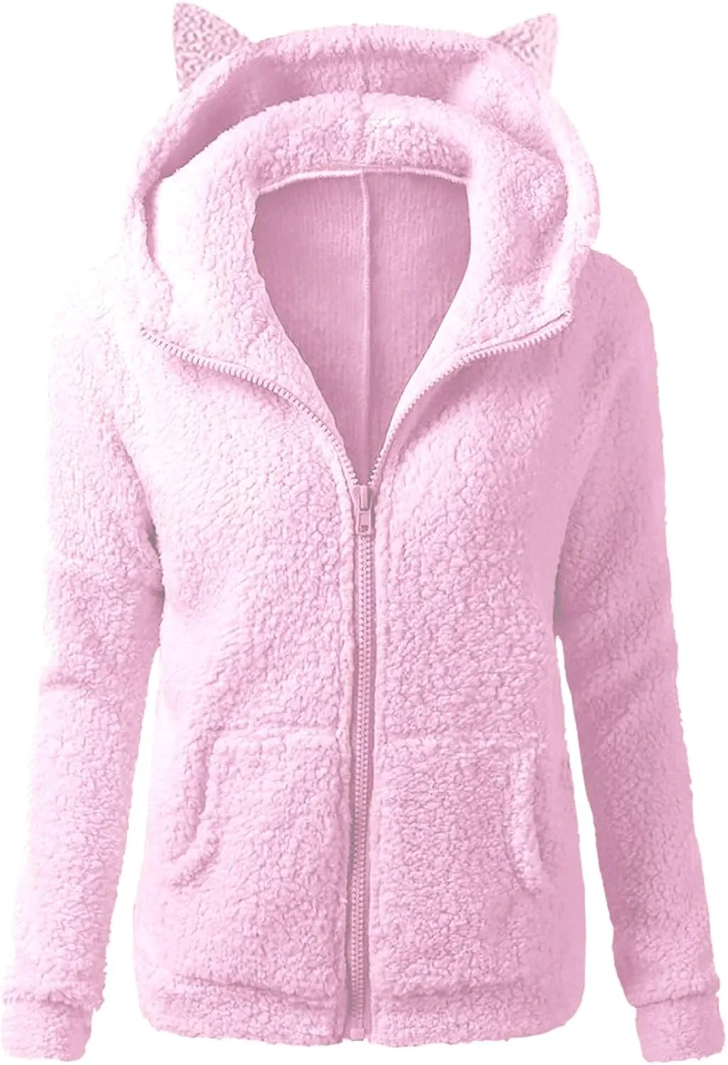 jsaierl Women Fluffy Bear Ears Cute Hooded Jacket Zip Up Hoodie Winter Double Fuzzy Warm Sweatshirt Comfy Outwear Coat