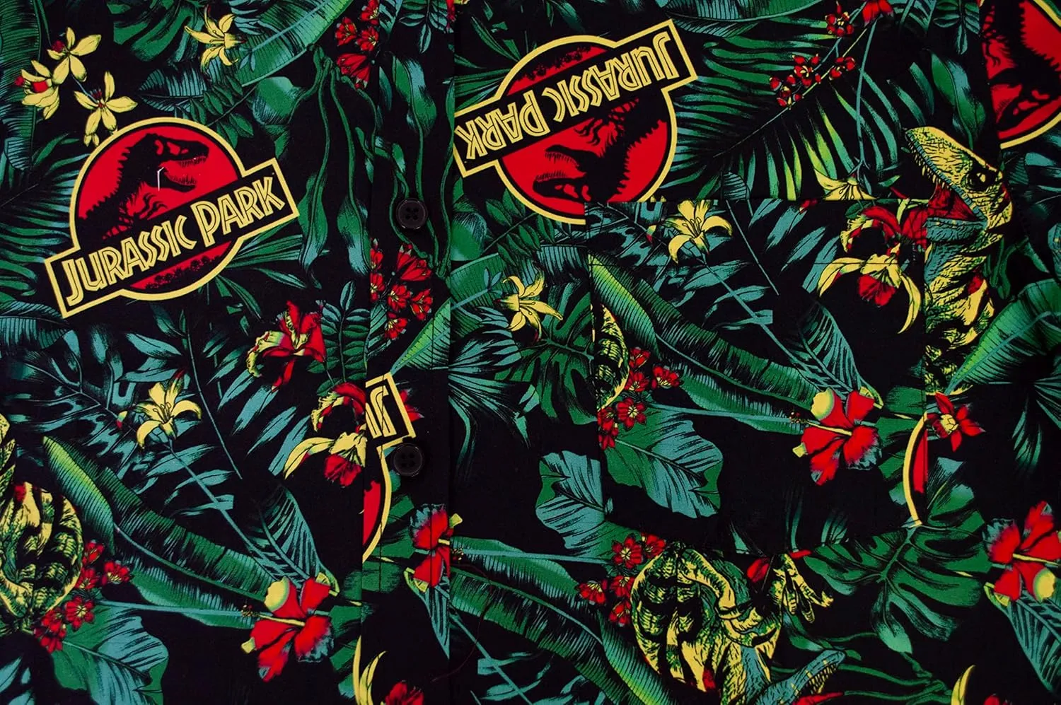 Jurassic Park Men's Tropical Raptor Pattern Button Down Shirt