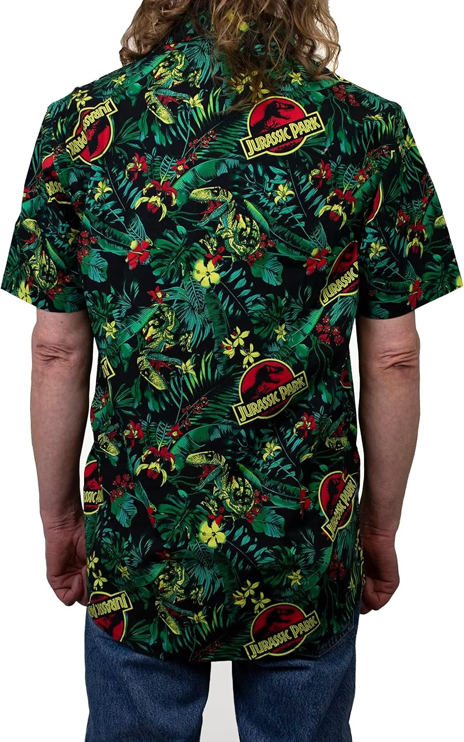 Jurassic Park Men's Tropical Raptor Pattern Button Down Shirt
