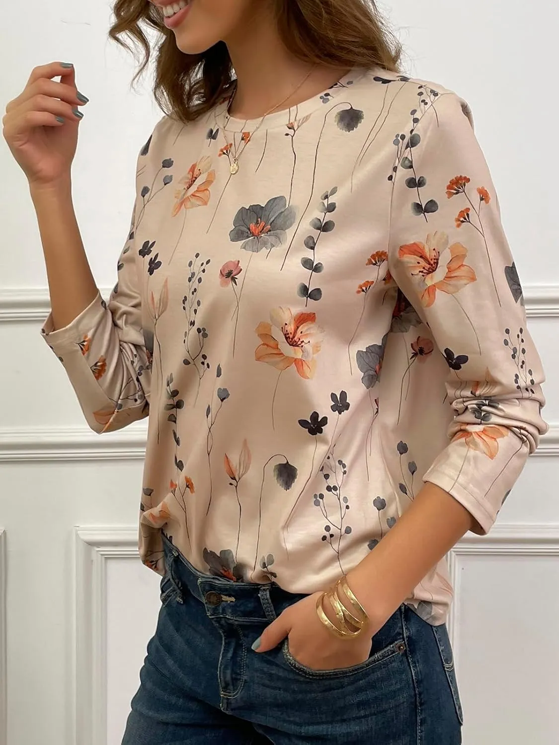 JUSTFASHIONNOW Womens Long Sleeve Tops Casual Shirts for Women Summer Flower Printed T Shirt Crewneck Floral Tee