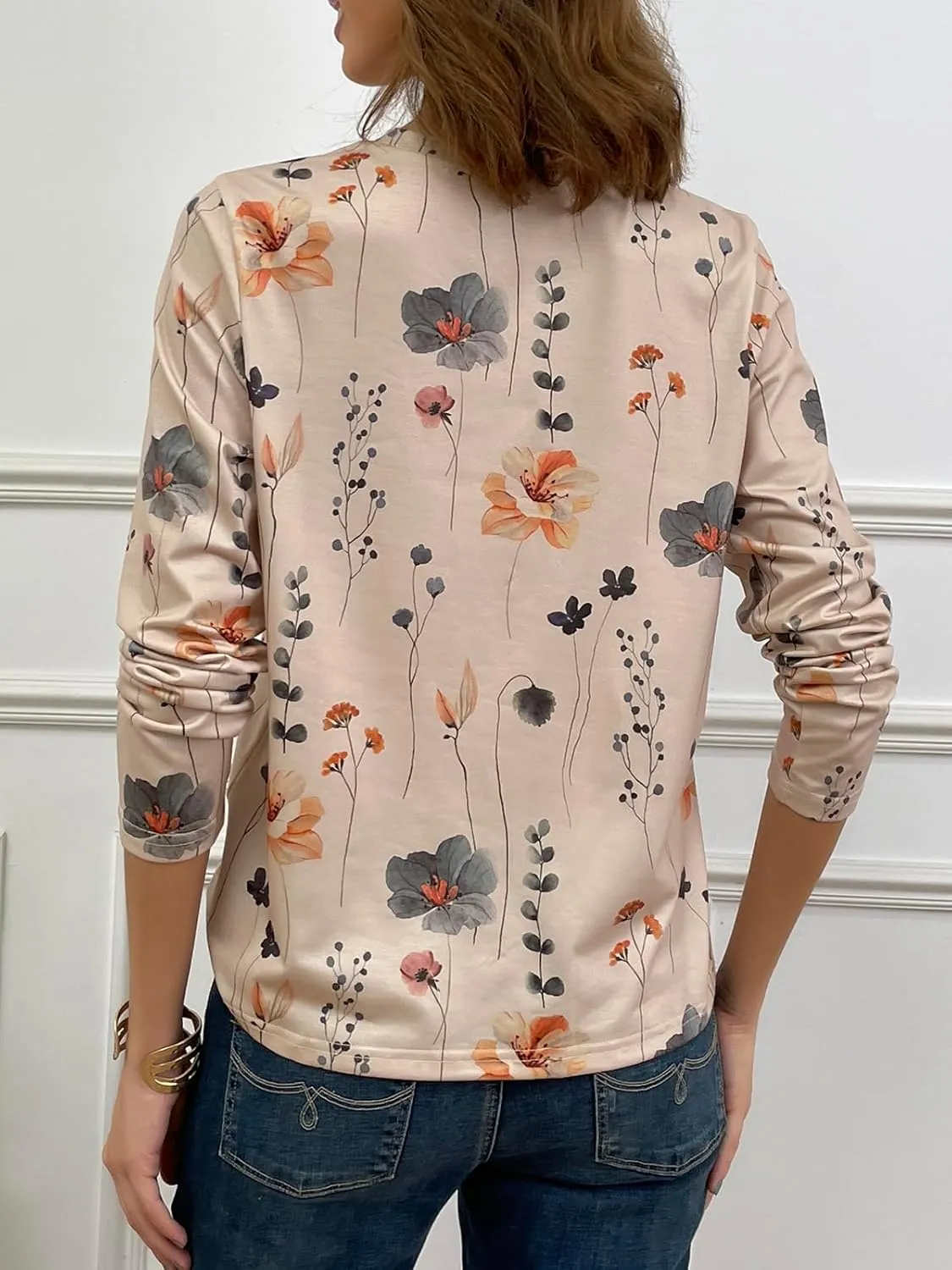 JUSTFASHIONNOW Womens Long Sleeve Tops Casual Shirts for Women Summer Flower Printed T Shirt Crewneck Floral Tee