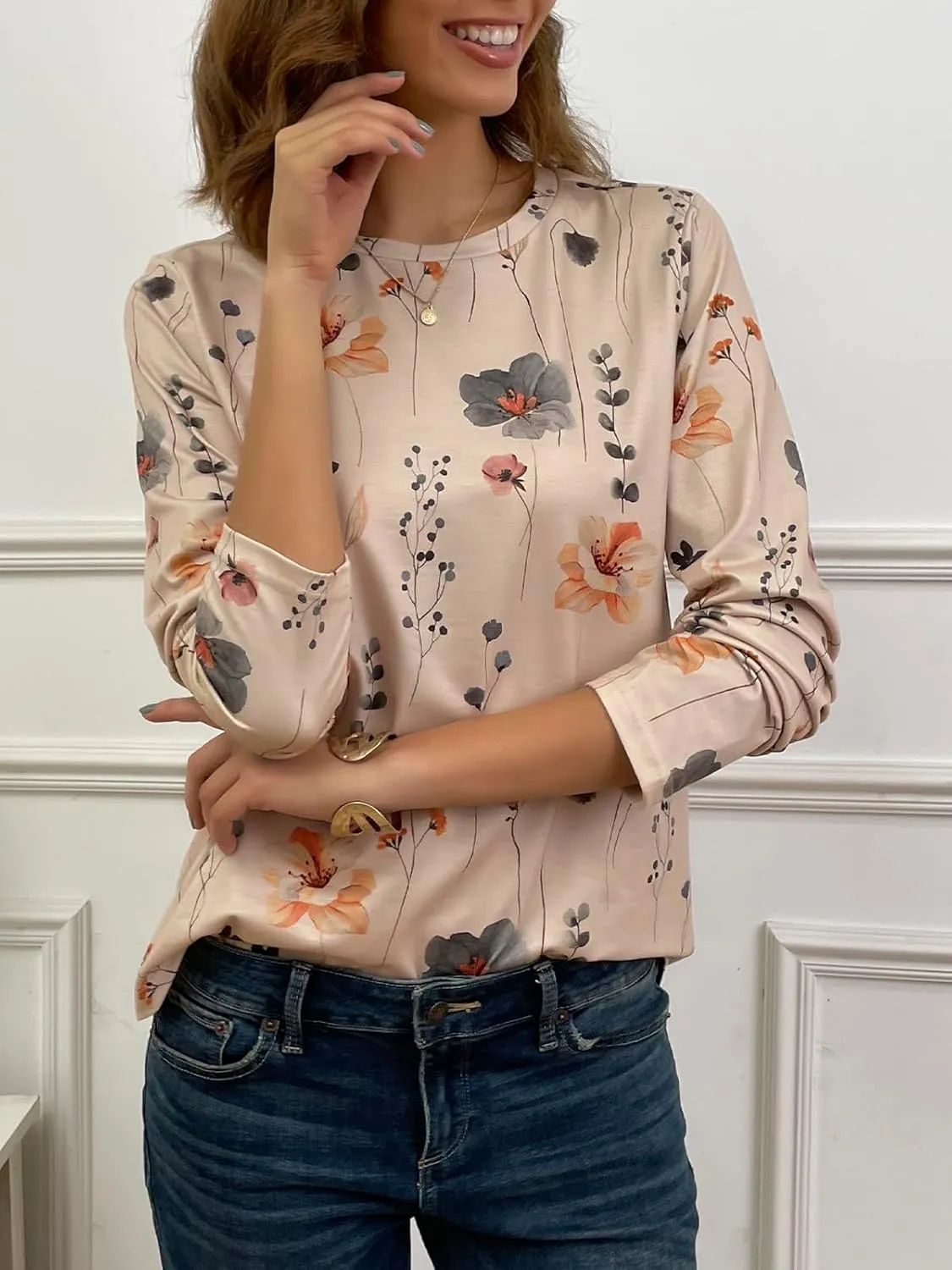 JUSTFASHIONNOW Womens Long Sleeve Tops Casual Shirts for Women Summer Flower Printed T Shirt Crewneck Floral Tee