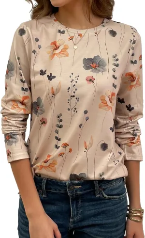 JUSTFASHIONNOW Womens Long Sleeve Tops Casual Shirts for Women Summer Flower Printed T Shirt Crewneck Floral Tee