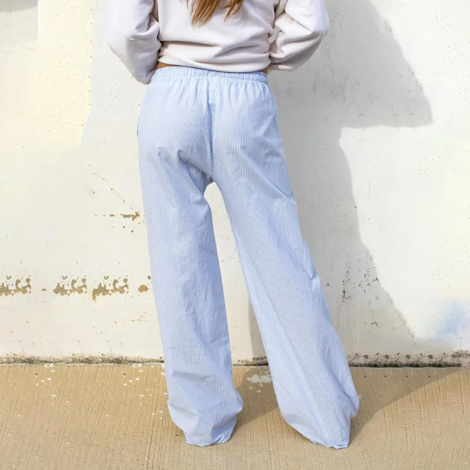 Kimydreama Women Y2k Striped Pants High Waist Drawstring Wide Leg Lounge Pants Pinstripe Pajama Pants PJ Trousers