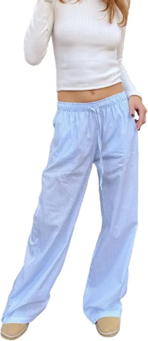 Kimydreama Women Y2k Striped Pants High Waist Drawstring Wide Leg Lounge Pants Pinstripe Pajama Pants PJ Trousers