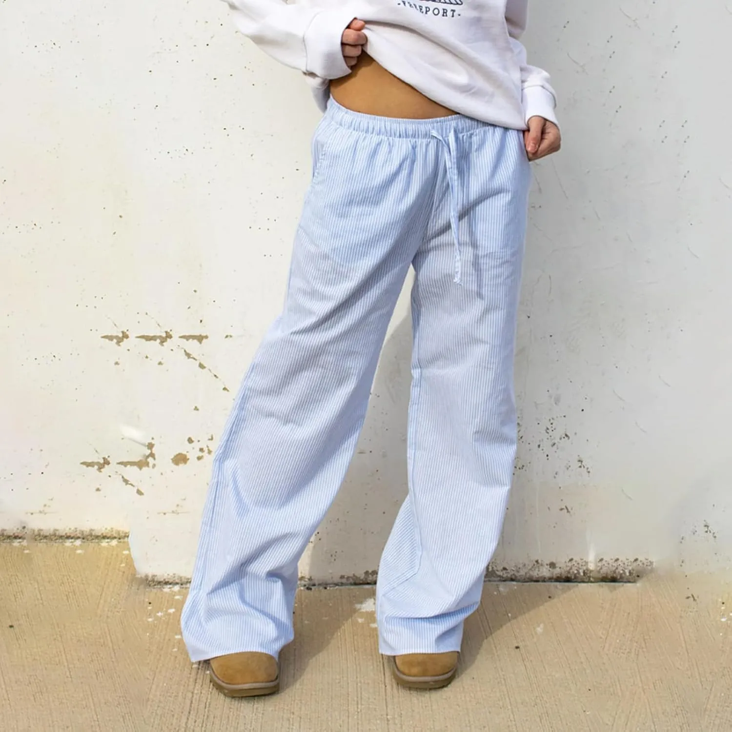 Kimydreama Women Y2k Striped Pants High Waist Drawstring Wide Leg Lounge Pants Pinstripe Pajama Pants PJ Trousers