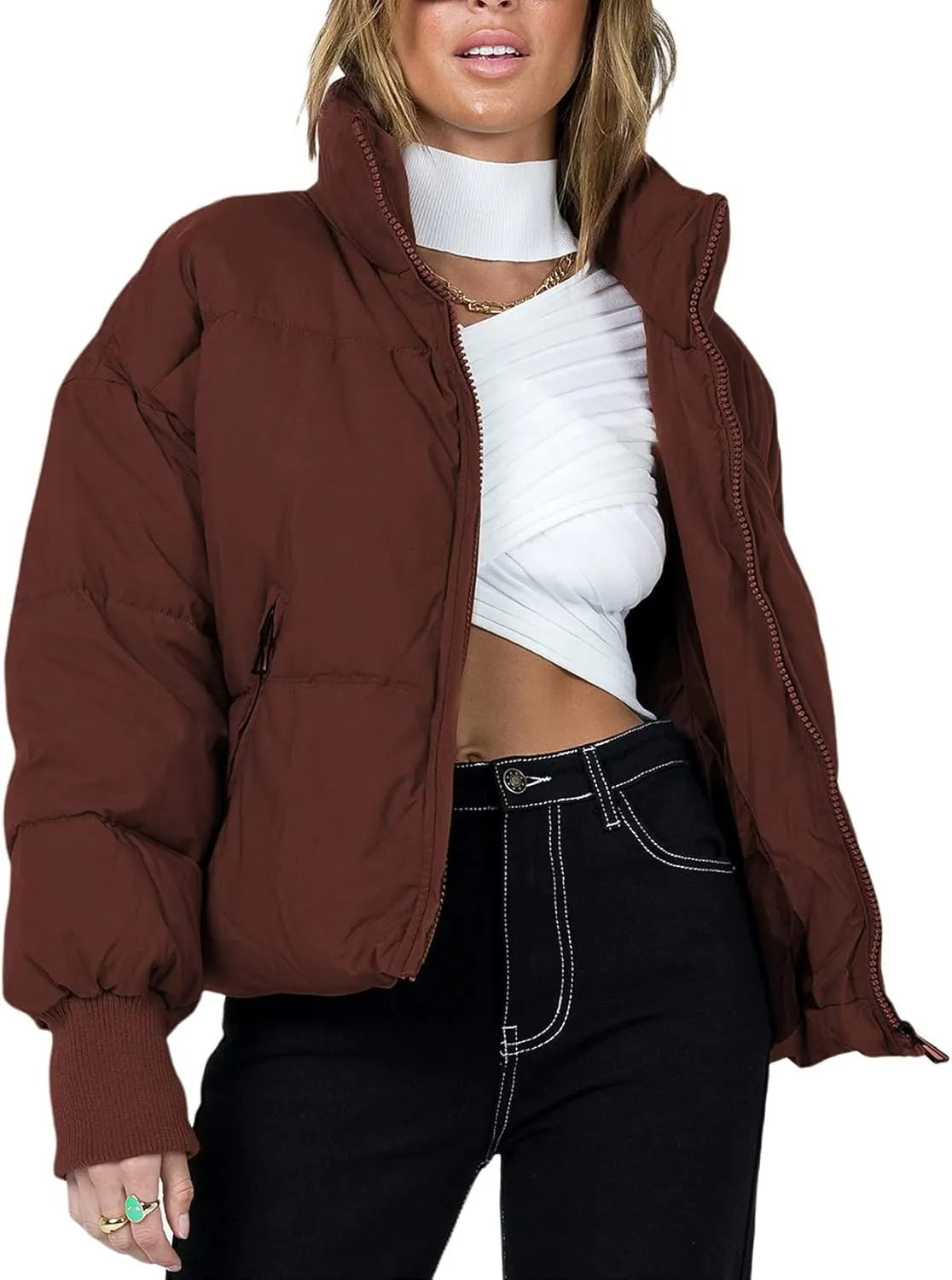 Kissonic Women's Cropped Puffer Jacket Full Zip Short Quilted Padded Down Coat