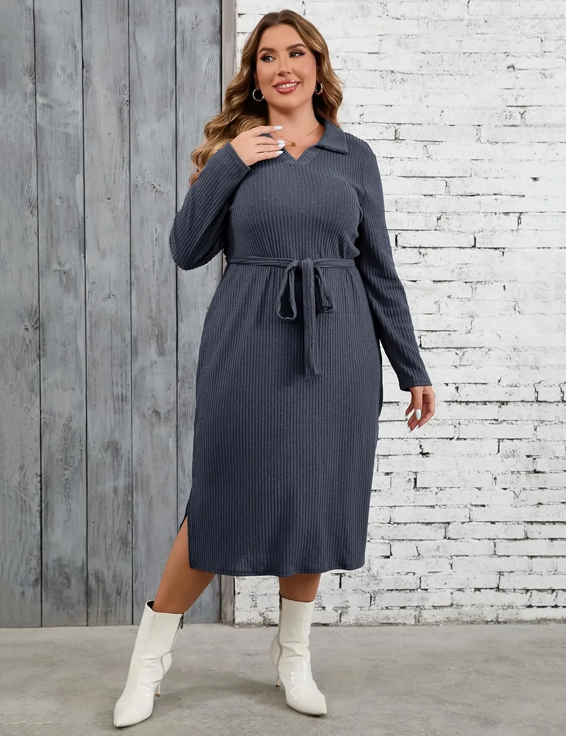 KOJOOIN Women Plus Size Sweater Dress Collar Long Sleeve Side Split Pullover Maxi Knit Sweater Dress with Belt