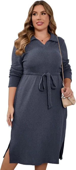 KOJOOIN Women Plus Size Sweater Dress Collar Long Sleeve Side Split Pullover Maxi Knit Sweater Dress with Belt