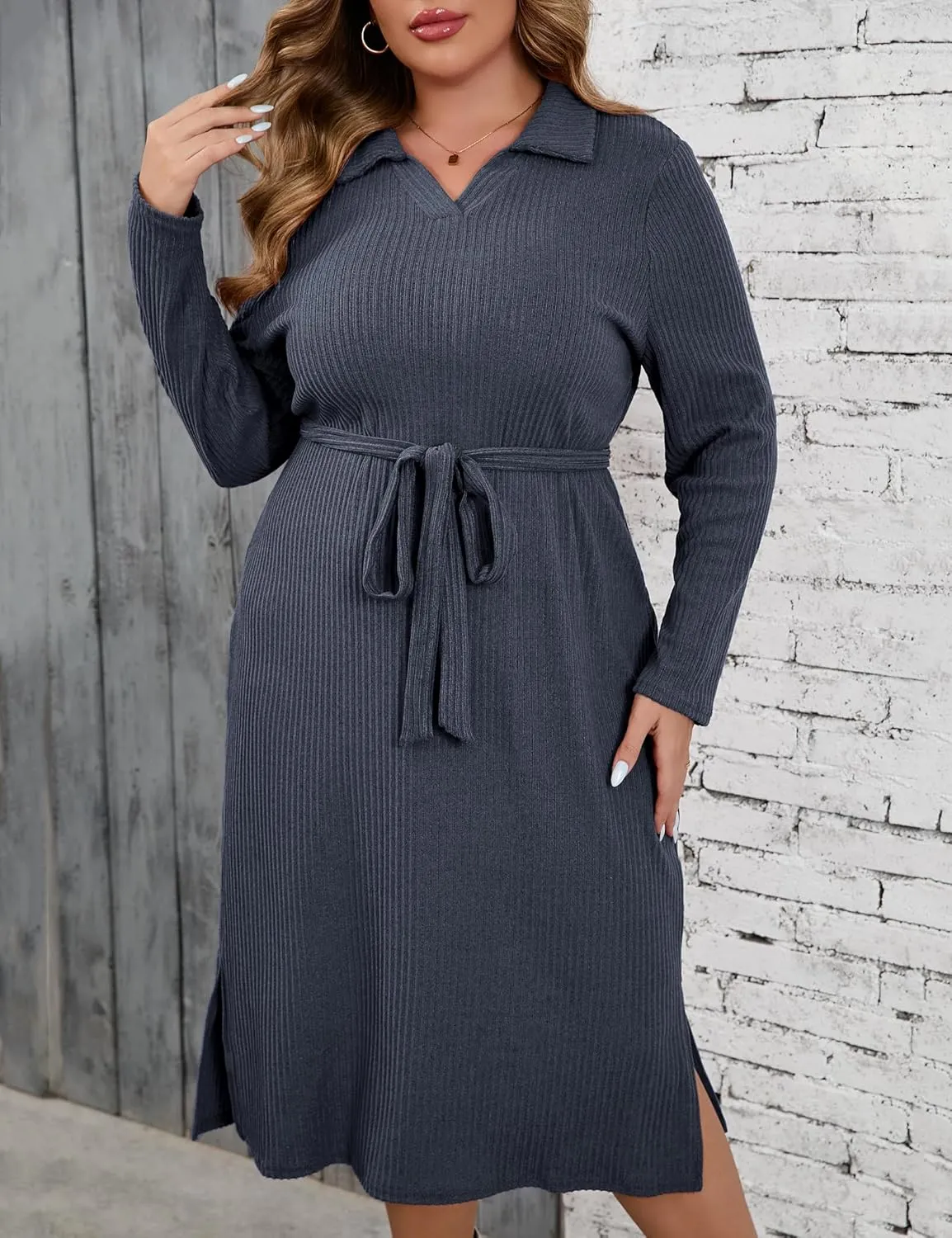 KOJOOIN Women Plus Size Sweater Dress Collar Long Sleeve Side Split Pullover Maxi Knit Sweater Dress with Belt