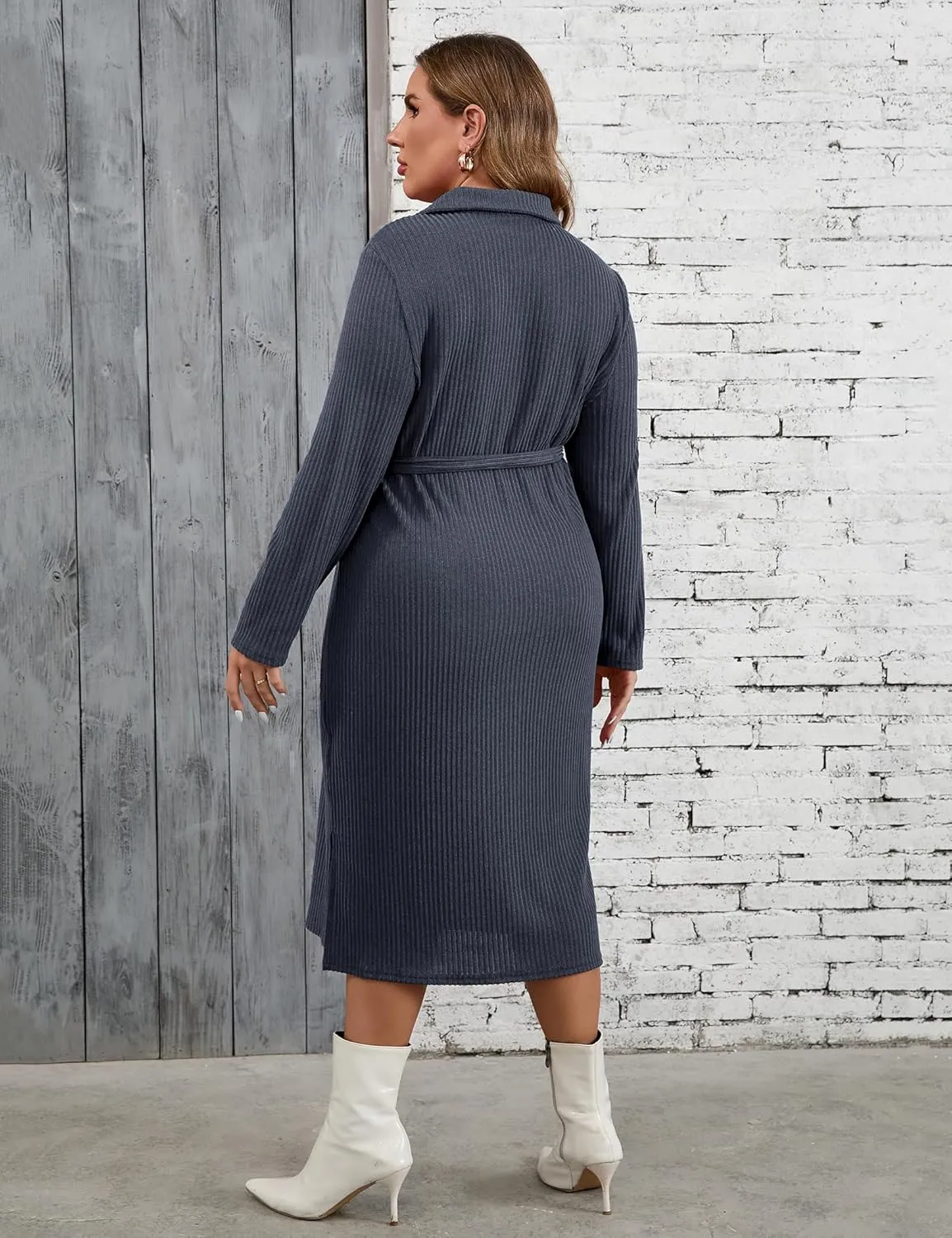 KOJOOIN Women Plus Size Sweater Dress Collar Long Sleeve Side Split Pullover Maxi Knit Sweater Dress with Belt