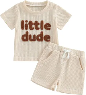 Kupretty Toddler Baby Boy Summer Clothes Embroiderey Waffle Knit Short Sleeve T-Shirt Tees   Casual Shorts Cute Clothing Set