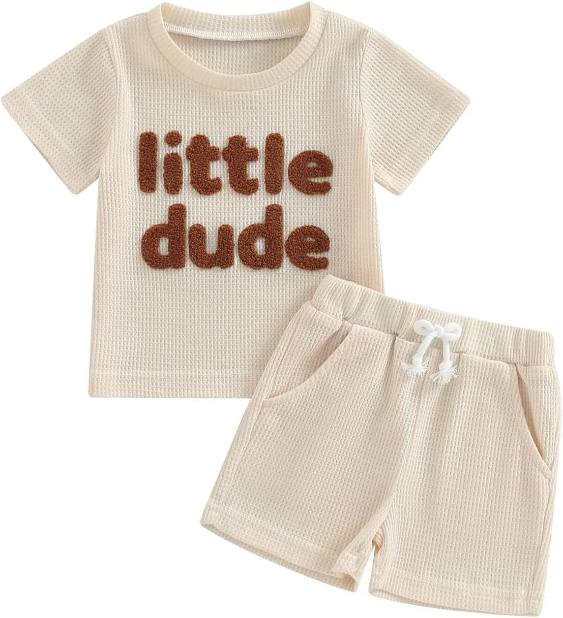 Kupretty Toddler Baby Boy Summer Clothes Embroiderey Waffle Knit Short Sleeve T-Shirt Tees   Casual Shorts Cute Clothing Set
