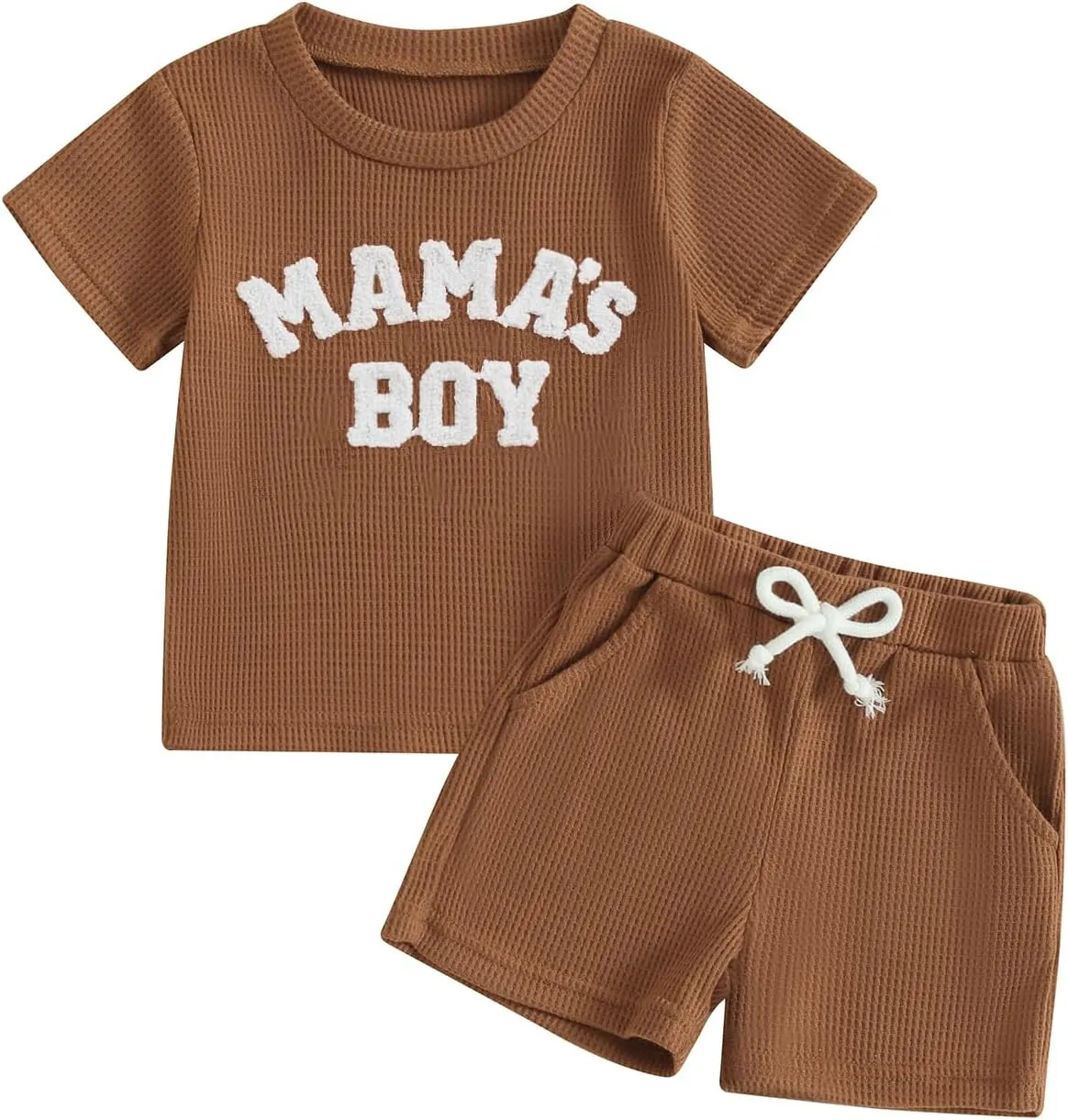 Kupretty Toddler Baby Boy Summer Clothes Embroiderey Waffle Knit Short Sleeve T-Shirt Tees   Casual Shorts Cute Clothing Set