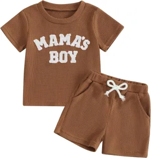 Kupretty Toddler Baby Boy Summer Clothes Embroiderey Waffle Knit Short Sleeve T-Shirt Tees   Casual Shorts Cute Clothing Set