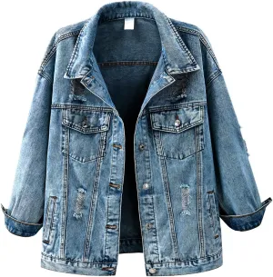 Ladyful Women's Long Oversized Denim Jacket Boyfriend Drop Shoulder Distressed Baggy Jean Jacket with Pockets