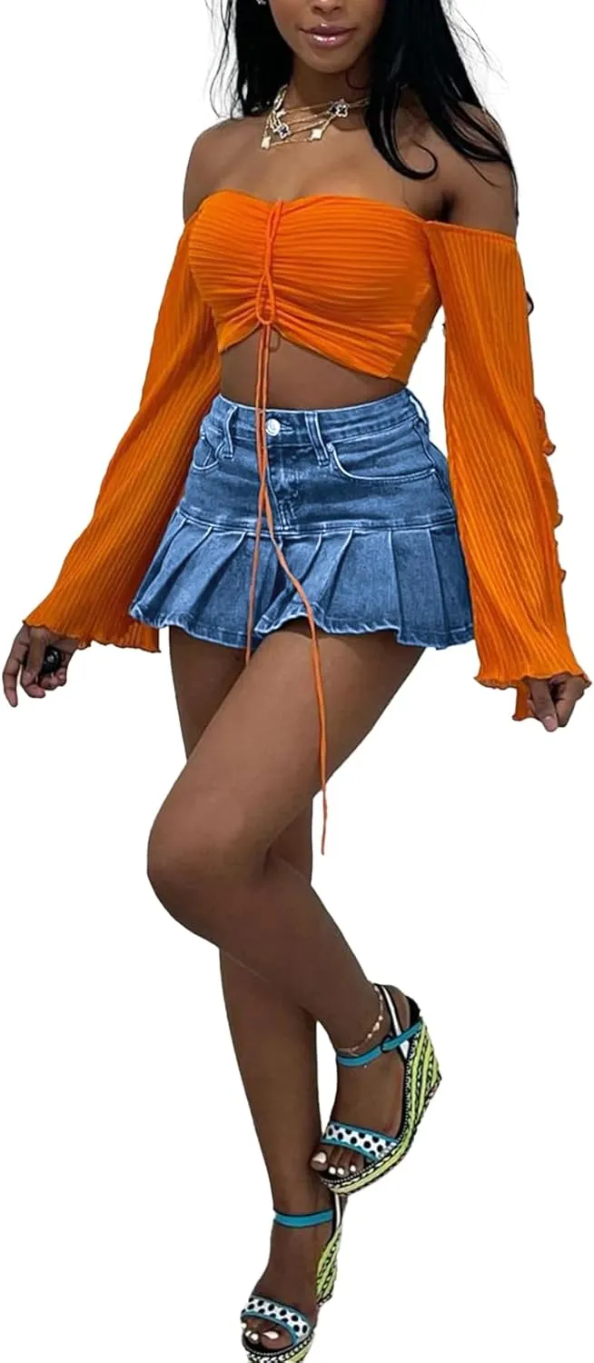 LETSVDO Denim Skirt Women Mini Pleated High Waisted Ruffle A Line Flare Jean Short Skirts
