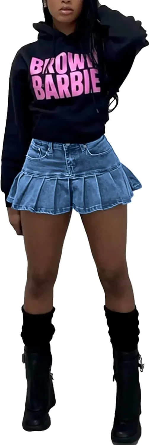 LETSVDO Denim Skirt Women Mini Pleated High Waisted Ruffle A Line Flare Jean Short Skirts