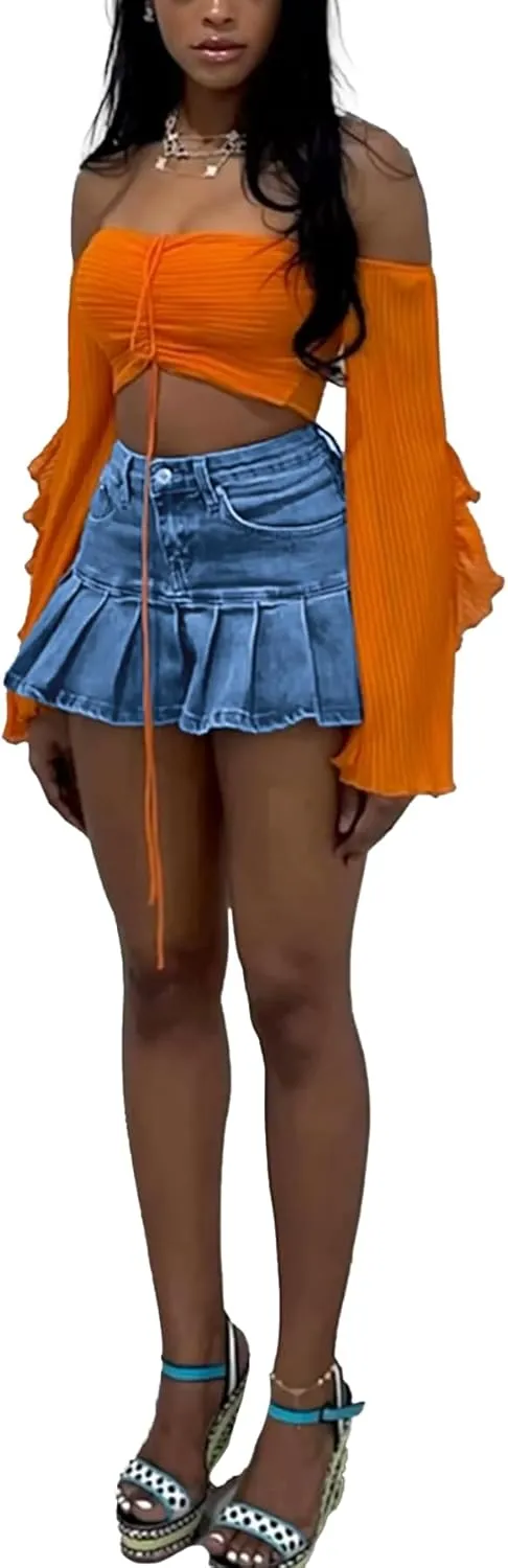 LETSVDO Denim Skirt Women Mini Pleated High Waisted Ruffle A Line Flare Jean Short Skirts