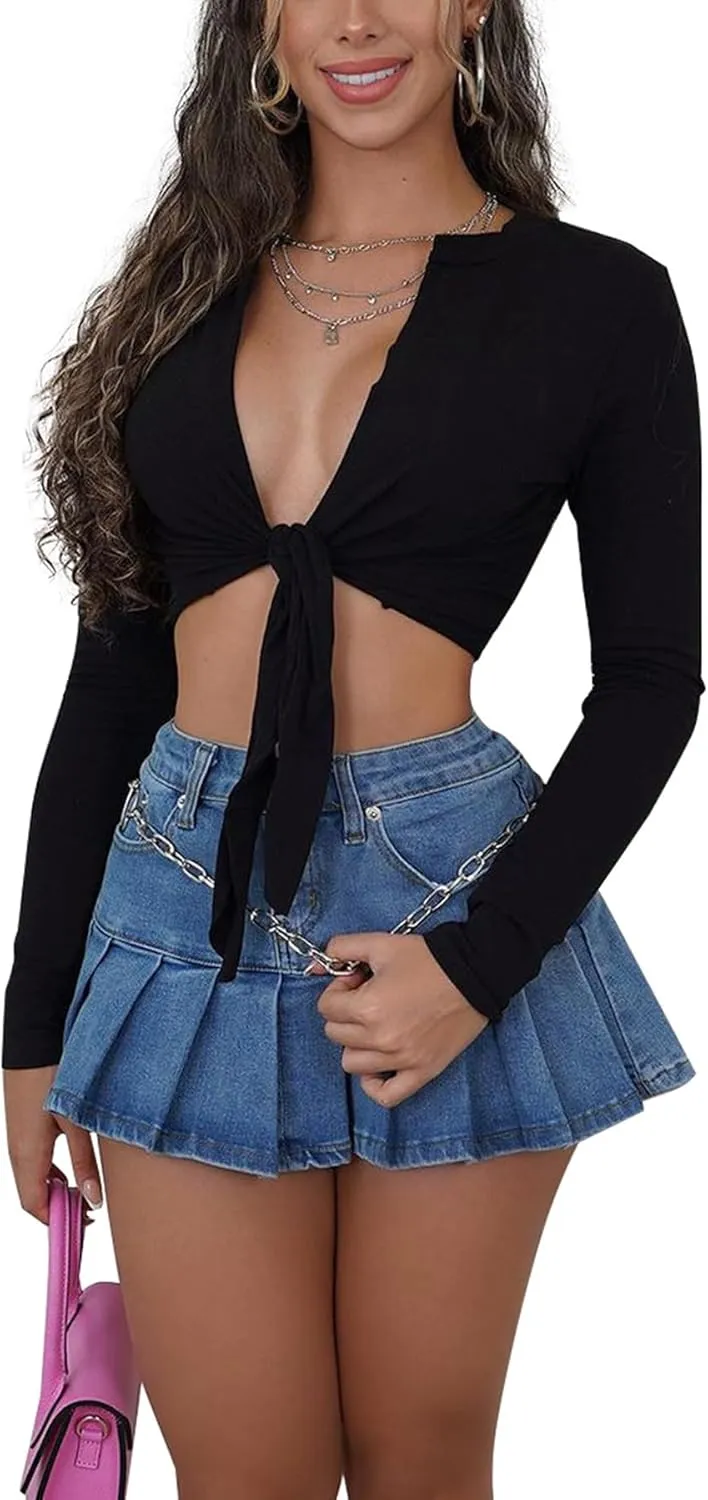 LETSVDO Denim Skirt Women Mini Pleated High Waisted Ruffle A Line Flare Jean Short Skirts