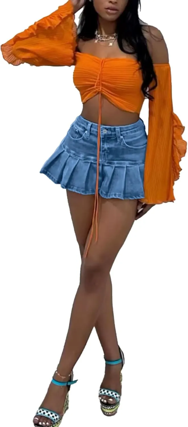 LETSVDO Denim Skirt Women Mini Pleated High Waisted Ruffle A Line Flare Jean Short Skirts