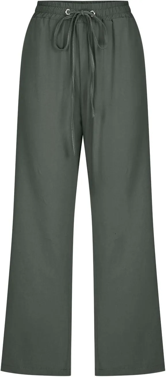 LFEOOST Capri Pants for Women Plus Size Casual Summer Linen Pants Drawstring High Waist Straight Wide Leg Trousers Pockets