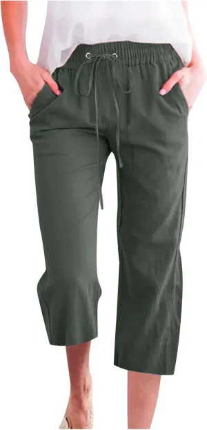 LFEOOST Capri Pants for Women Plus Size Casual Summer Linen Pants Drawstring High Waist Straight Wide Leg Trousers Pockets