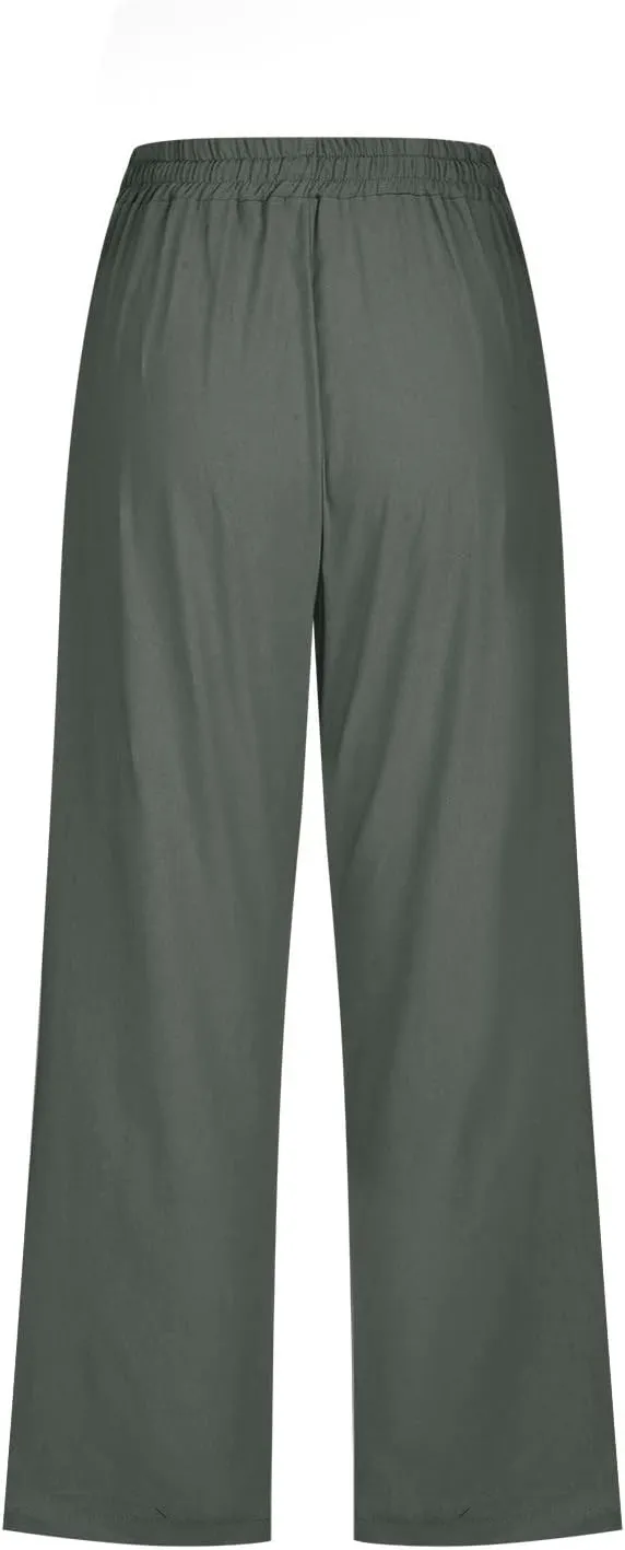 LFEOOST Capri Pants for Women Plus Size Casual Summer Linen Pants Drawstring High Waist Straight Wide Leg Trousers Pockets