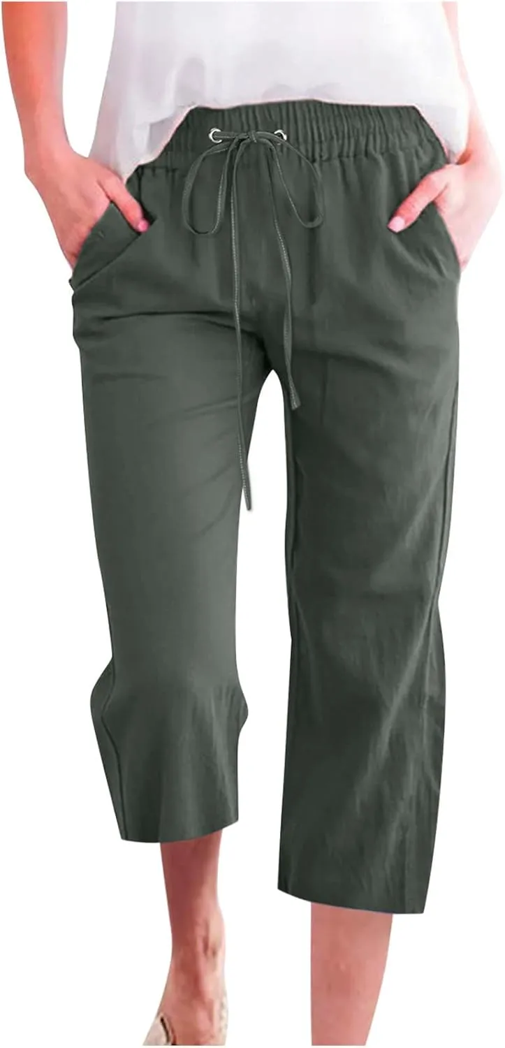 LFEOOST Capri Pants for Women Plus Size Casual Summer Linen Pants Drawstring High Waist Straight Wide Leg Trousers Pockets