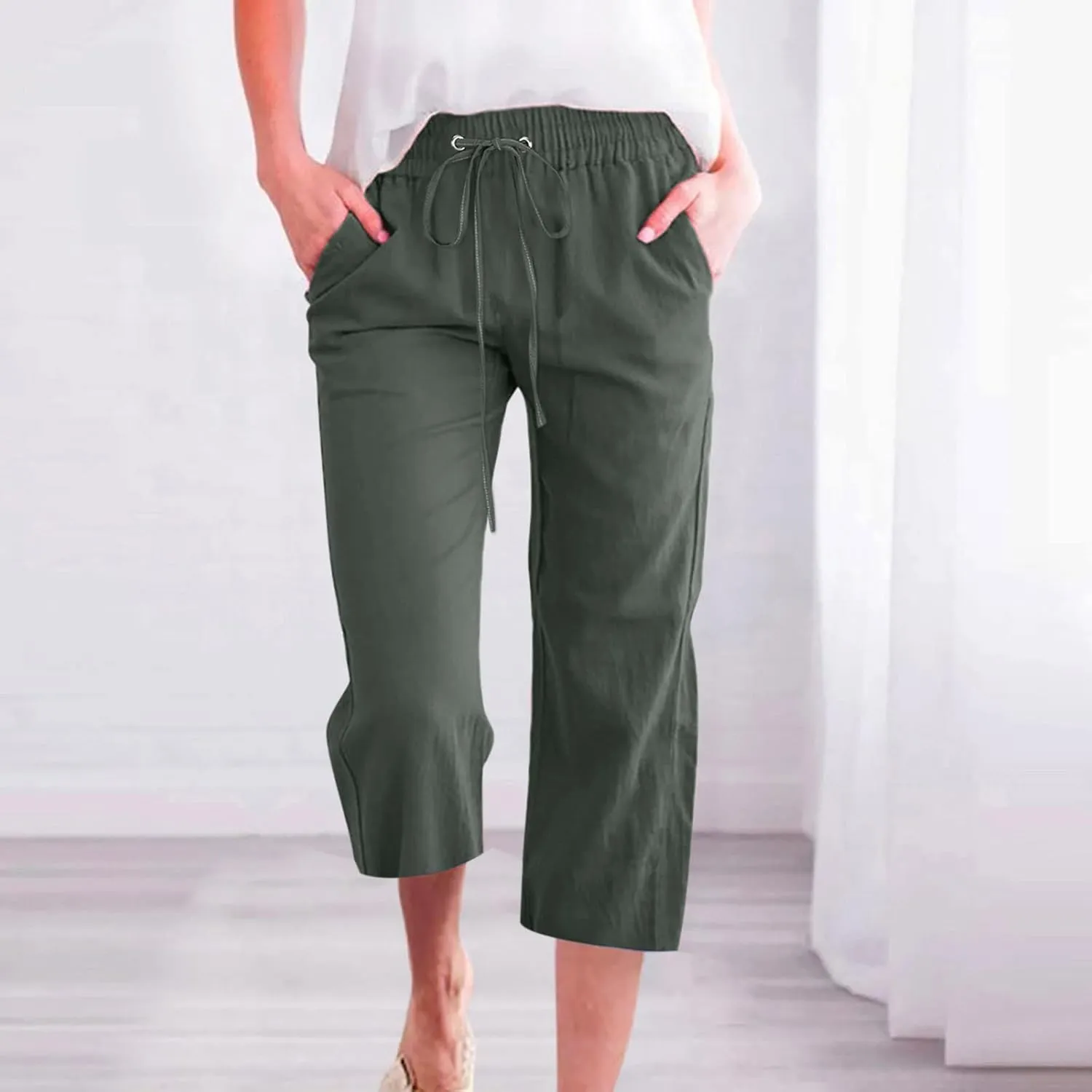 LFEOOST Capri Pants for Women Plus Size Casual Summer Linen Pants Drawstring High Waist Straight Wide Leg Trousers Pockets