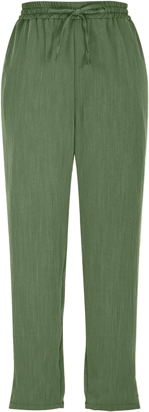 Linen Capri Pants for Women Casual Summer Elastic Waist Tapered Straight Leg Pants Cropped Beach Trousers with Pockets