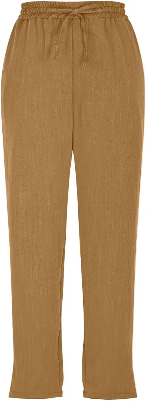Linen Capri Pants for Women Casual Summer Elastic Waist Tapered Straight Leg Pants Cropped Beach Trousers with Pockets