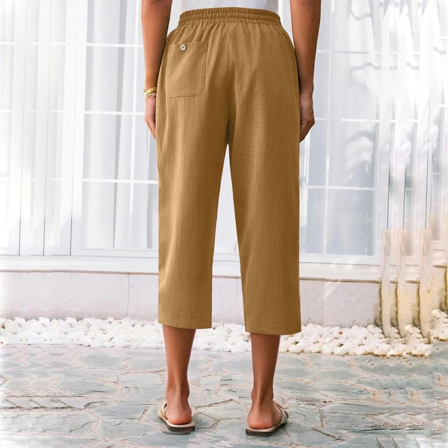 Linen Capri Pants for Women Casual Summer Elastic Waist Tapered Straight Leg Pants Cropped Beach Trousers with Pockets