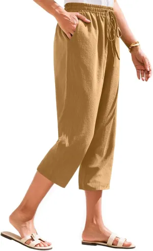 Linen Capri Pants for Women Casual Summer Elastic Waist Tapered Straight Leg Pants Cropped Beach Trousers with Pockets