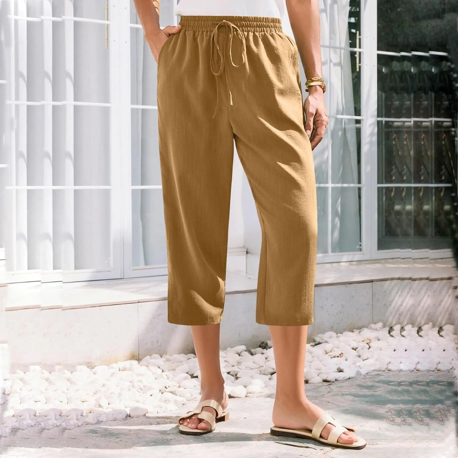 Linen Capri Pants for Women Casual Summer Elastic Waist Tapered Straight Leg Pants Cropped Beach Trousers with Pockets
