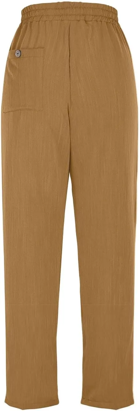 Linen Capri Pants for Women Casual Summer Elastic Waist Tapered Straight Leg Pants Cropped Beach Trousers with Pockets