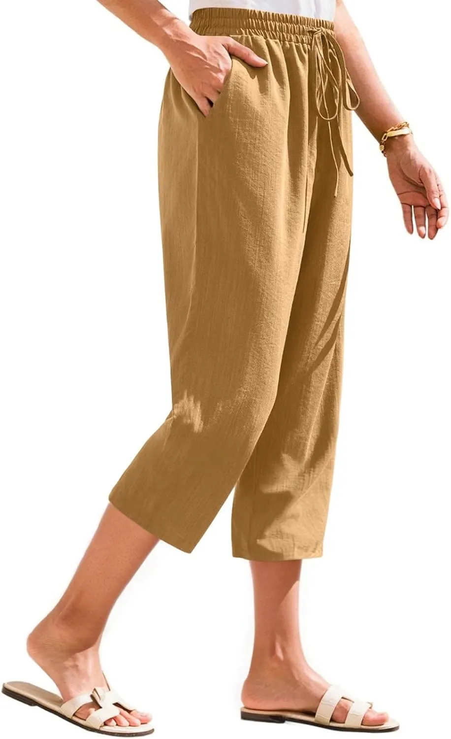 Linen Capri Pants for Women Casual Summer Elastic Waist Tapered Straight Leg Pants Cropped Beach Trousers with Pockets
