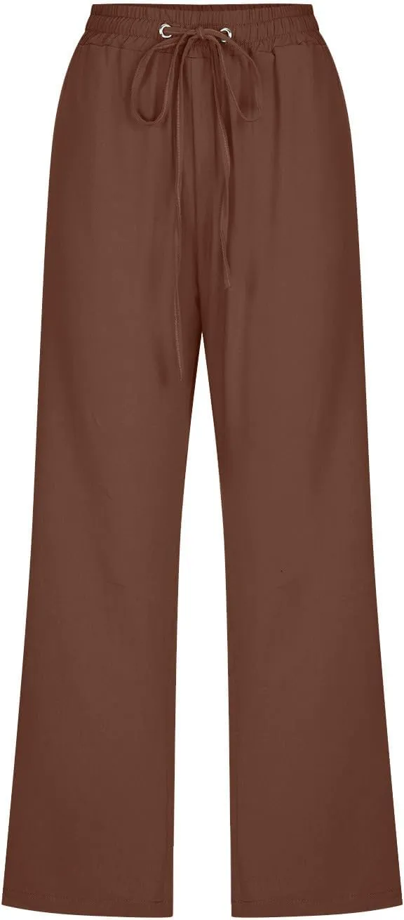 Linen Capris Pants for Women Casual Summer Cotton Linen Pants Drawstring Straight Leg Beach Cropped Pants 2025