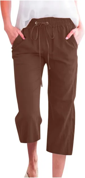 Linen Capris Pants for Women Casual Summer Cotton Linen Pants Drawstring Straight Leg Beach Cropped Pants 2025