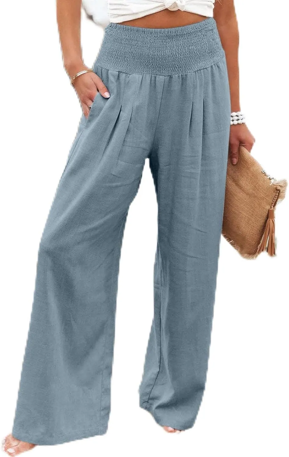 Linen Palazzo Pants for Women Plus Size Baggy Trousers with Pockets High Waist Straight Wide Leg Pants Casual Pants