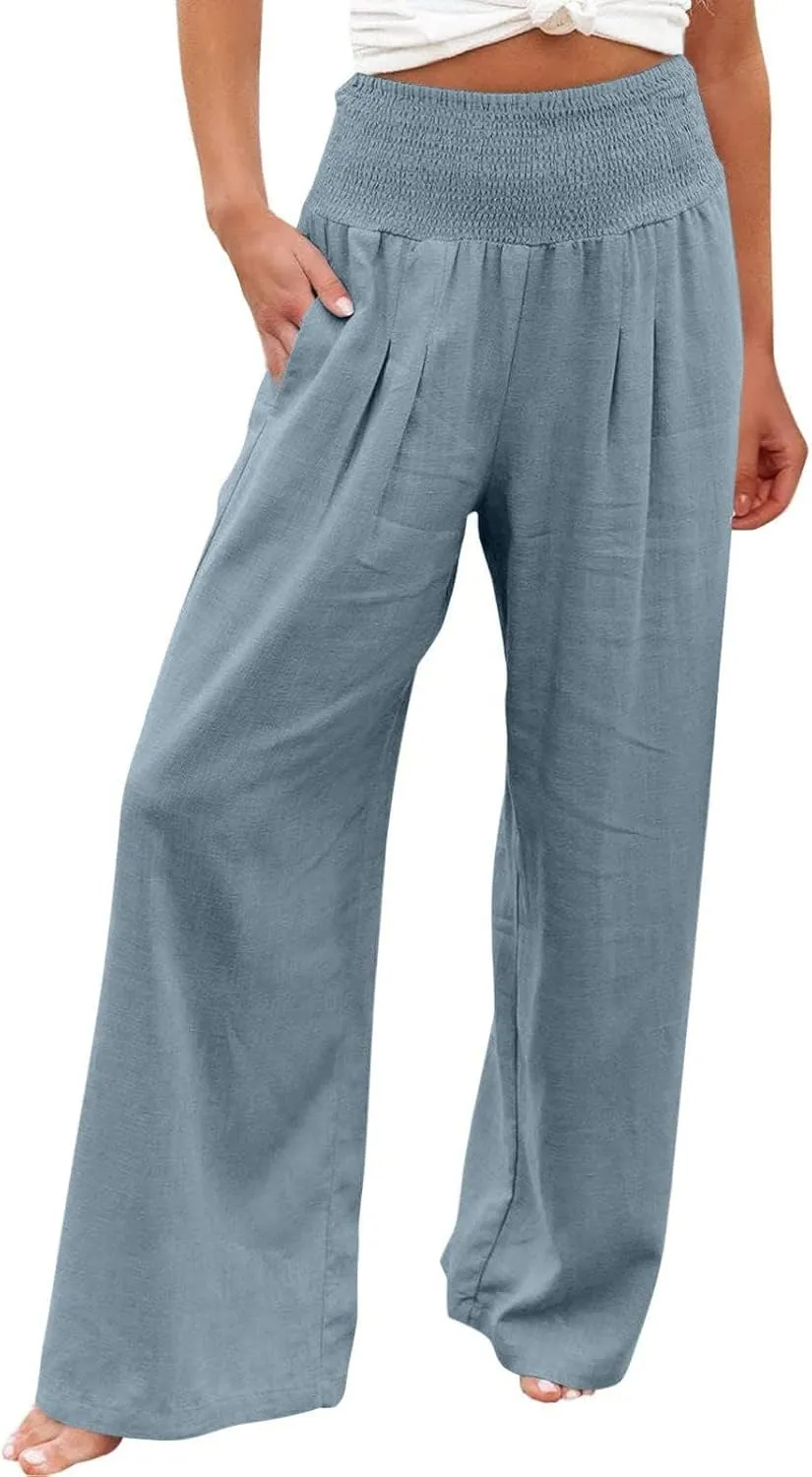 Linen Palazzo Pants for Women Plus Size Baggy Trousers with Pockets High Waist Straight Wide Leg Pants Casual Pants