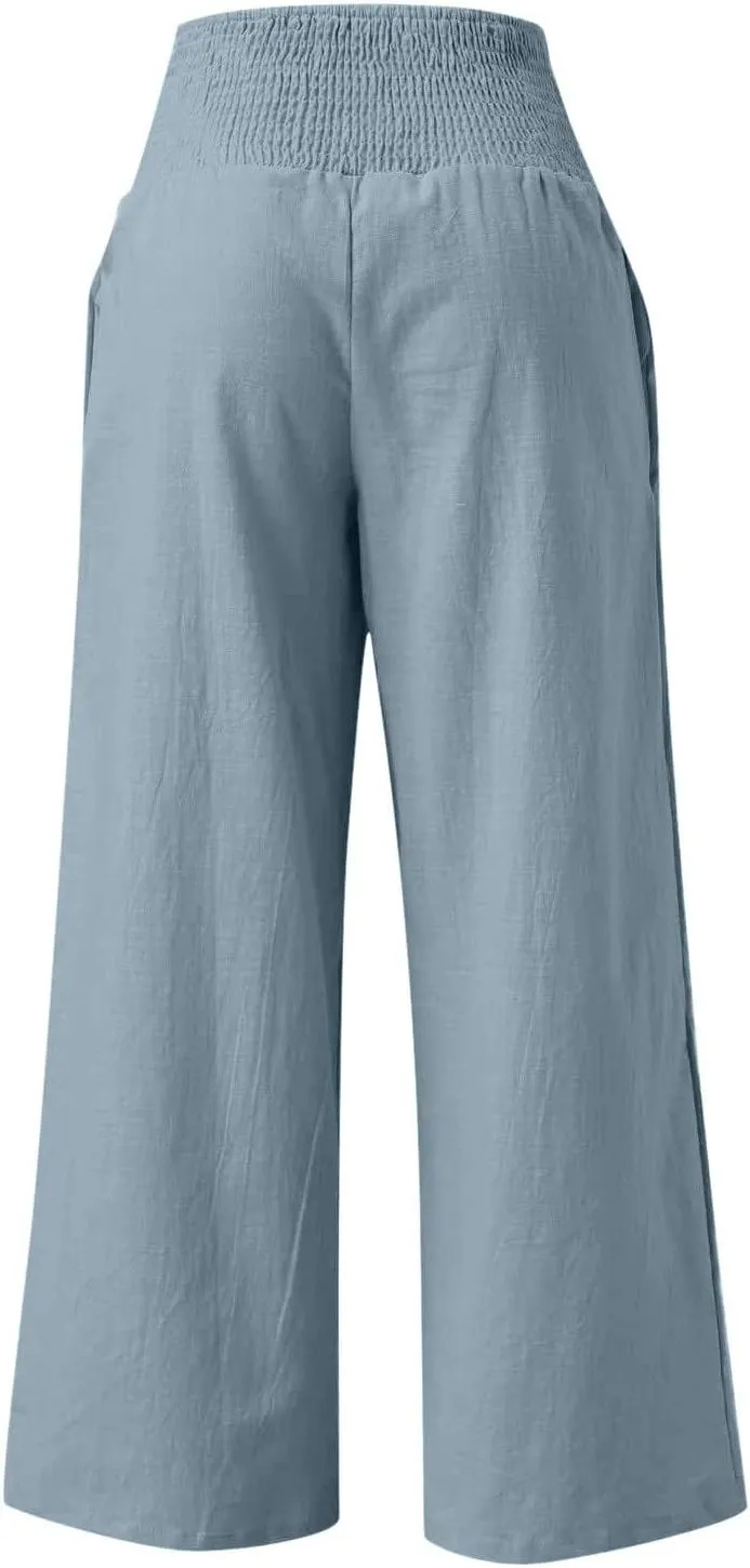 Linen Palazzo Pants for Women Plus Size Baggy Trousers with Pockets High Waist Straight Wide Leg Pants Casual Pants