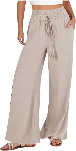 Linen Palazzo Pants for Women Plus Size Baggy Trousers with Pockets High Waist Straight Wide Leg Pants Casual Pants