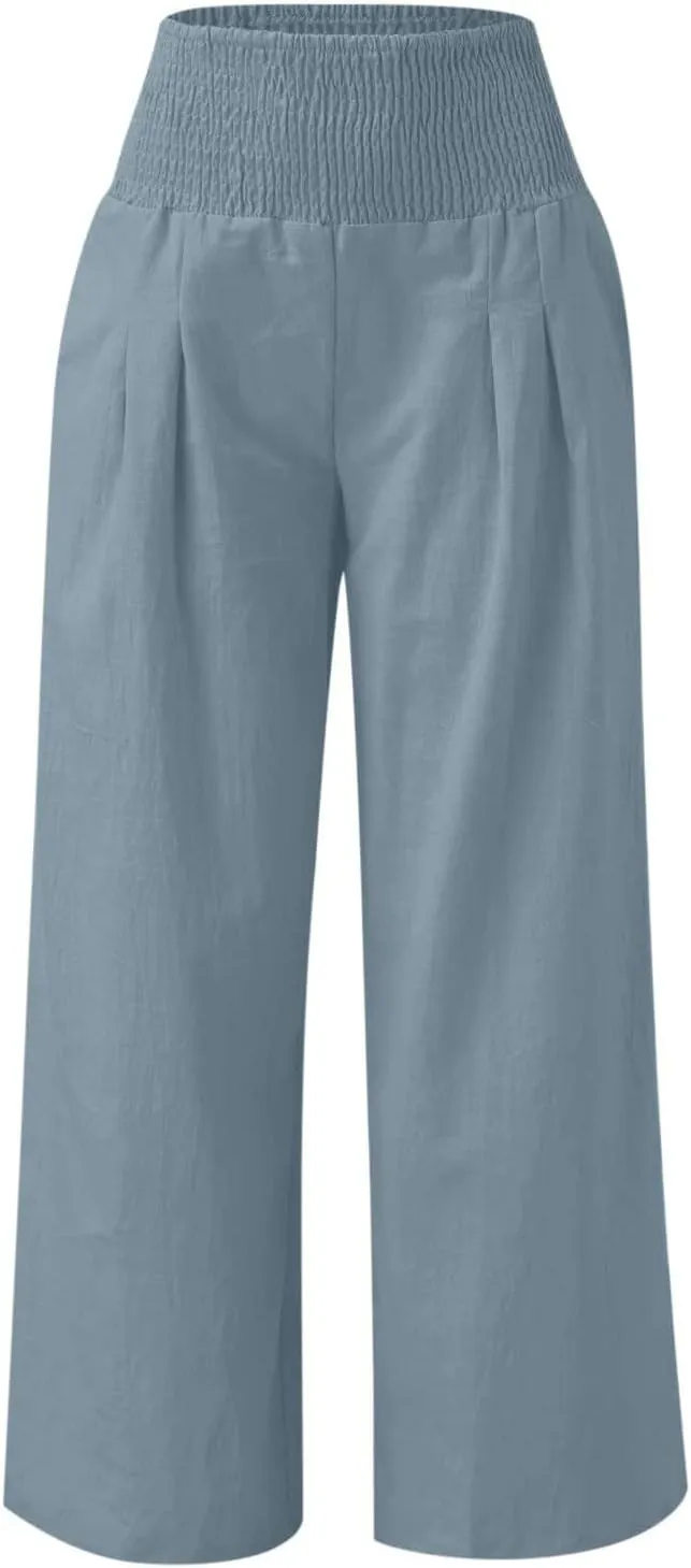 Linen Palazzo Pants for Women Plus Size Baggy Trousers with Pockets High Waist Straight Wide Leg Pants Casual Pants