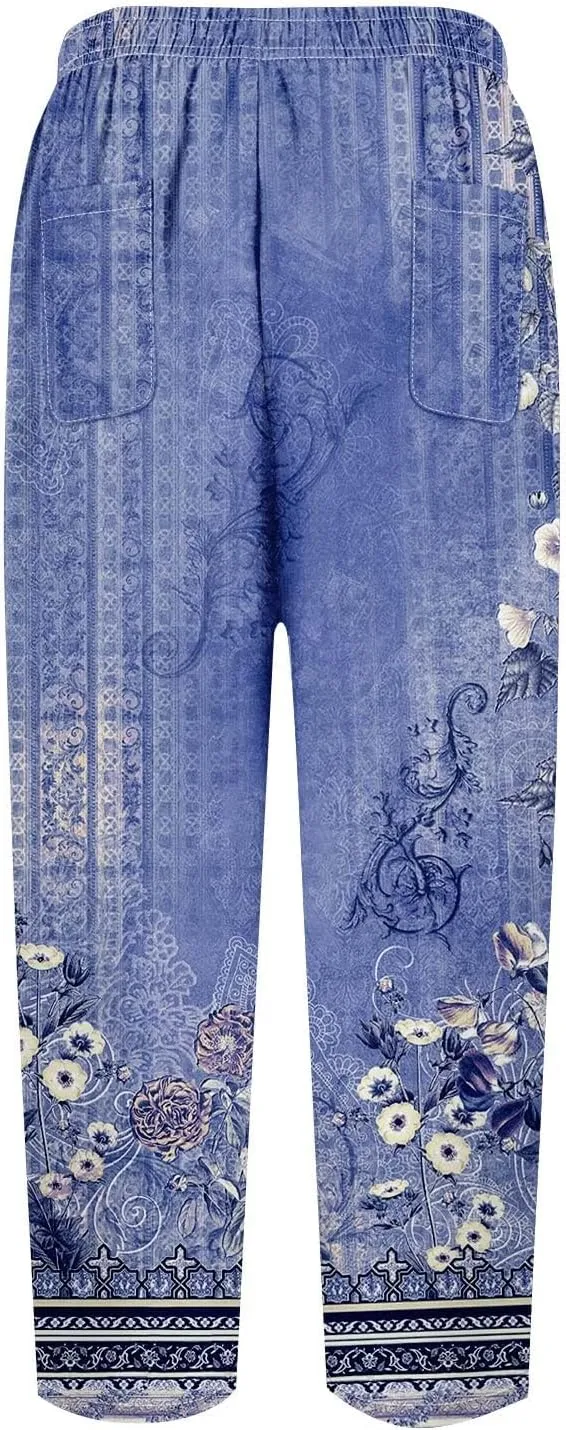 Linen Pants for Women Summer 2024 Striped Casual Elastic High Waist Straight Leg Loose Boho Trendy Trousers Plus Size