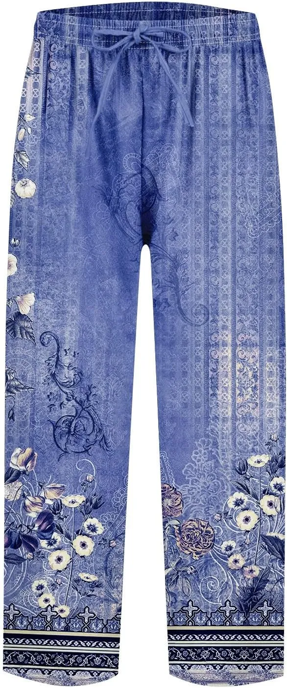 Linen Pants for Women Summer 2024 Striped Casual Elastic High Waist Straight Leg Loose Boho Trendy Trousers Plus Size